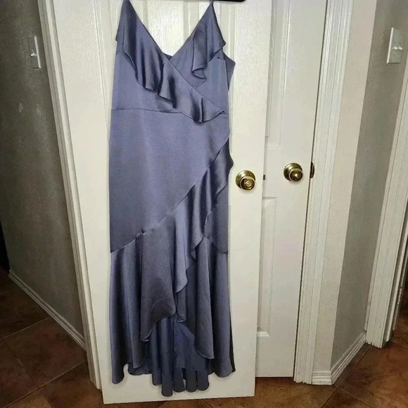 Express Silver Satin Ruffle Tiered Wrap Hi-Lo V-Neck Sleeveless Maxi Dress Large - Picture 1 of 14